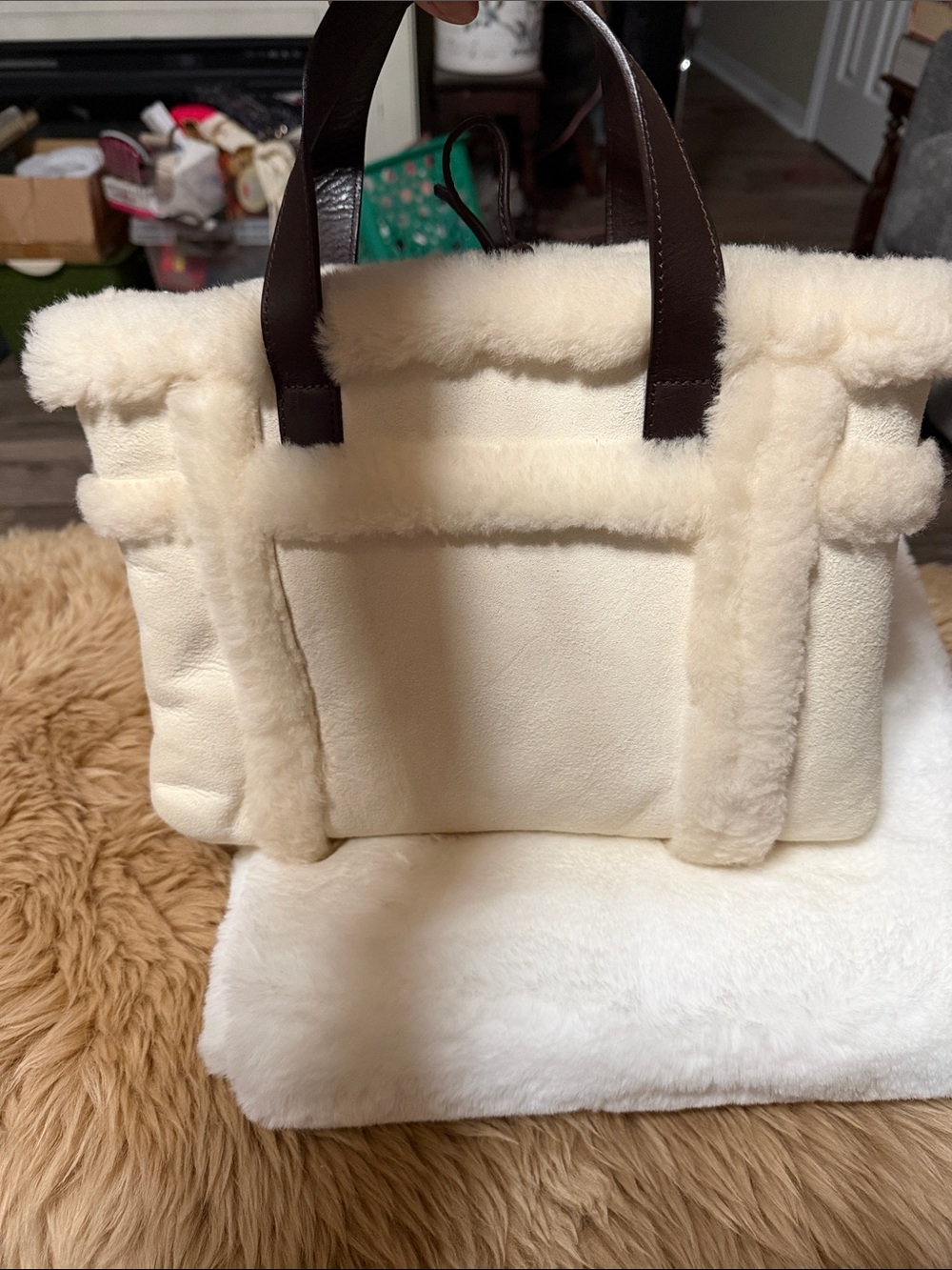 UGG Australia Tote Bag Fur Trimmed, Cream Color Suede w/ Brown Leather Front - Picture 2 of 10
